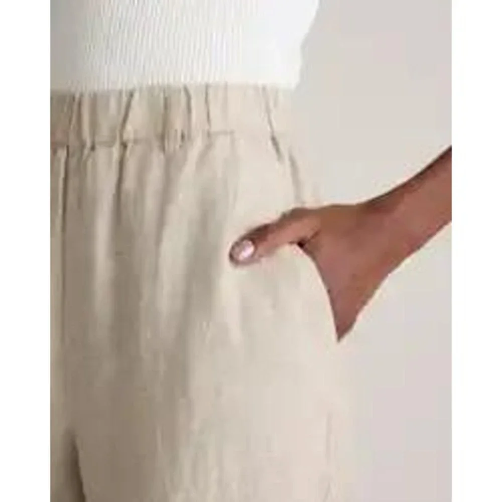 Quince European Linen Straight Leg Pants Beige Elastic Waist Size Medium Womens